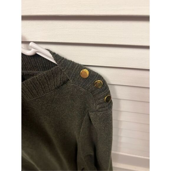 Rafaela Green Sweater with gold buttons on shoulders sharkbite hem asymmetrical - Picture 5 of 10